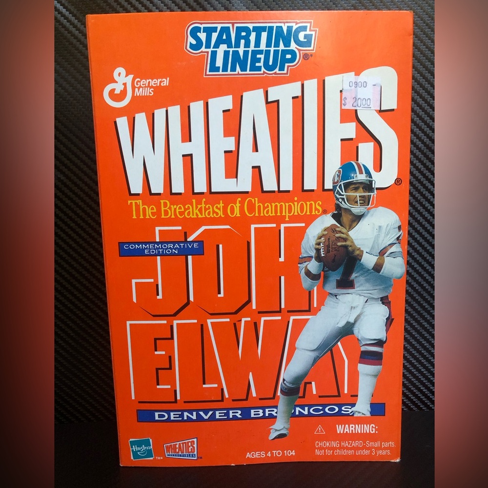 NIB  1999 Starting Lineup John Elway Wheaties collectible card, coin, & figure.